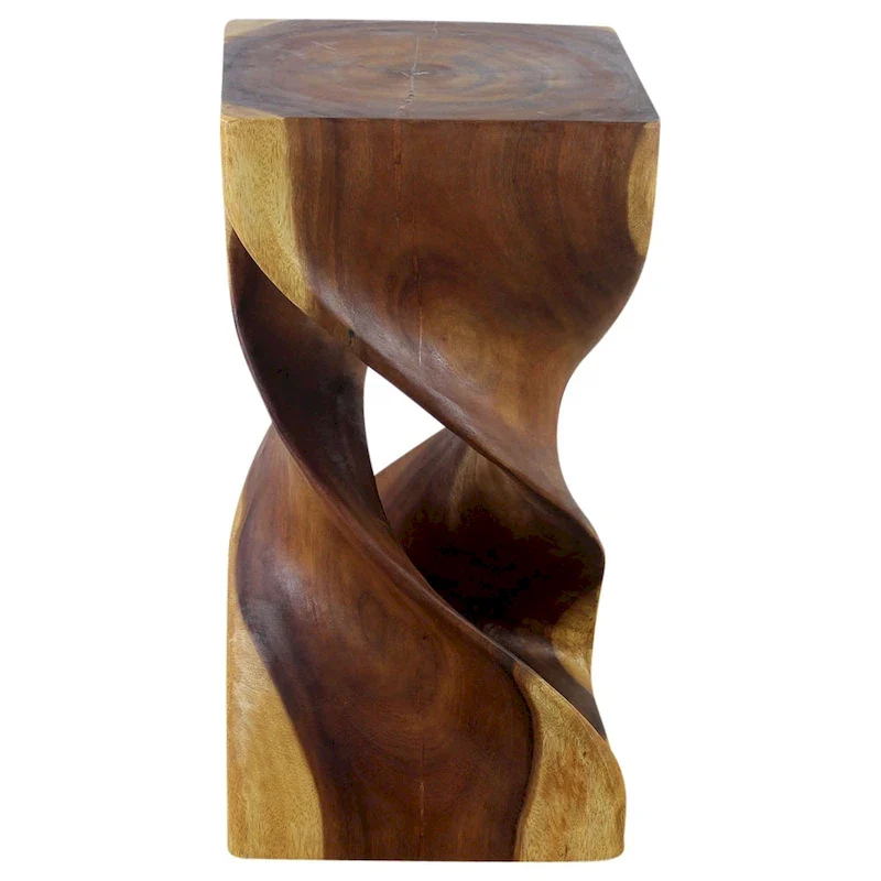 Double Twist Stool/Side Table, Carved Monkey Pod Wood, Natural Oak Oil Finish, 12"x12"x23"H, Oak Oil
