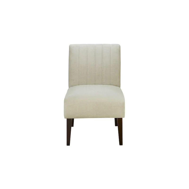 Paula 30 Inch Accent Chair, White Fabric, Channel Tufted Back, Brown Wood