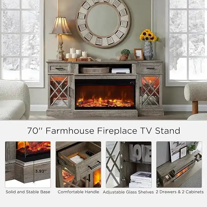 Farmhouse 3-Sided Electric Fireplace TV Stand, Entertainment Center