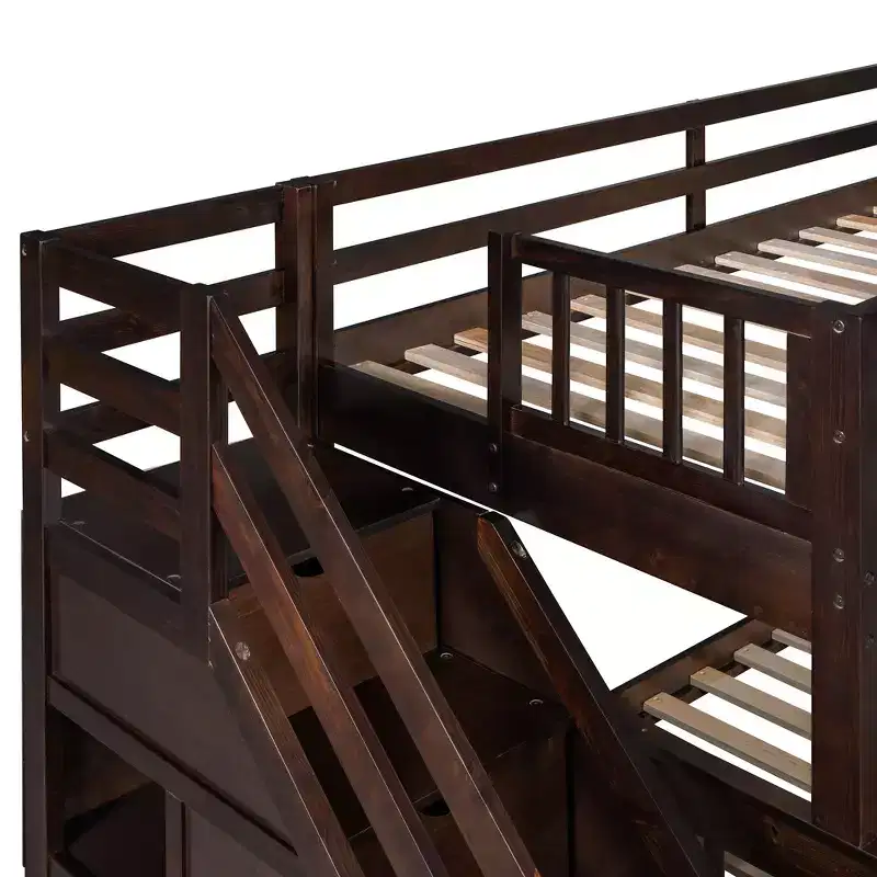 Stylish Design Twin over Full L-Shaped Bunk Bed With 3 Drawers, Ladder and Staircase