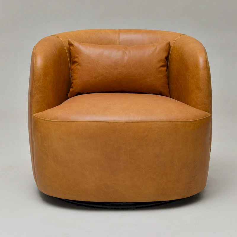 KINWELL Modern Top Grain Genuine Leather Swivel Armchair with Pillow