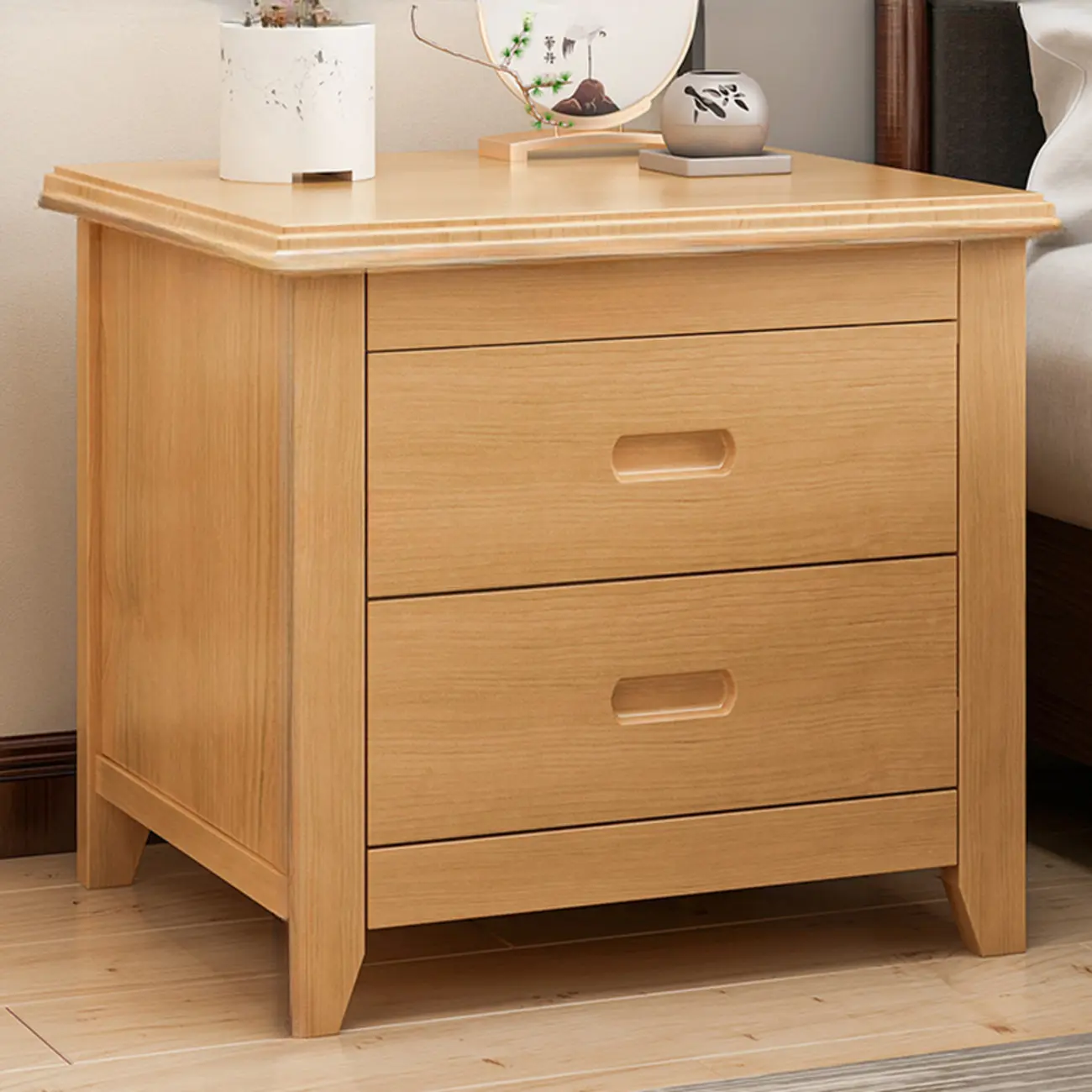 Modern Natural Wood Nightstand with 2 Drawers