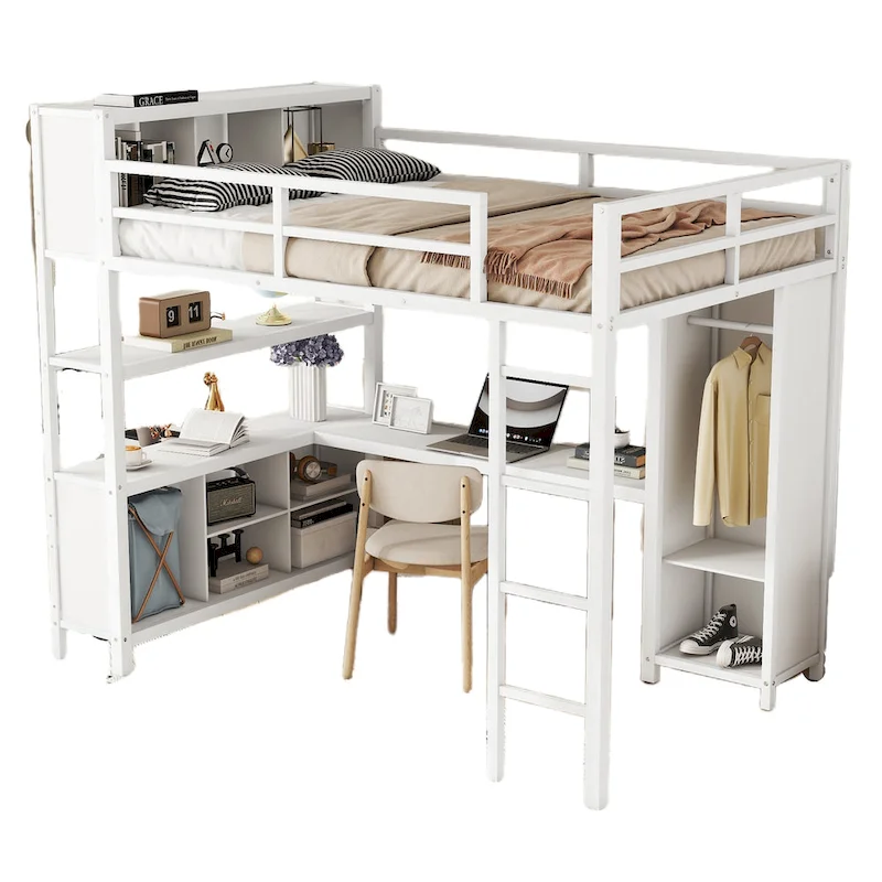 Full Size Metal Loft Bed with Wardrobe and L-shaped Desk and Shelves