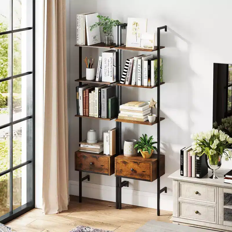 Costway 5-Tier Bookshelf w/ Drawer 70 Wall Mount Ladder Bookcase w/ Metal Frame