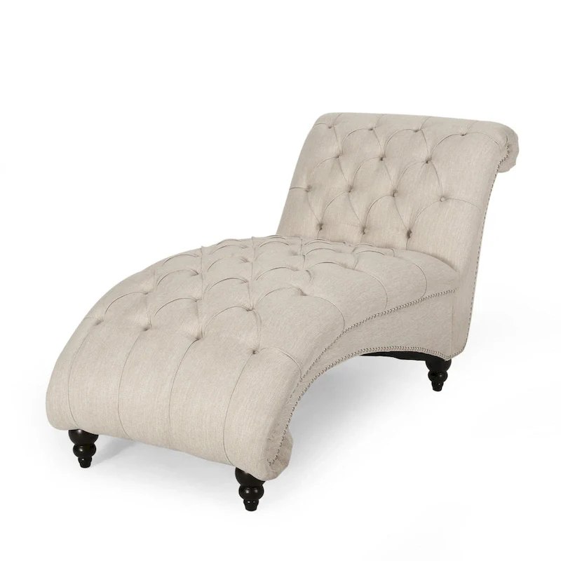 Curb Chaise Lounger, 64 Inch, Button Tufted Diamond Stitch, Beige Fabric