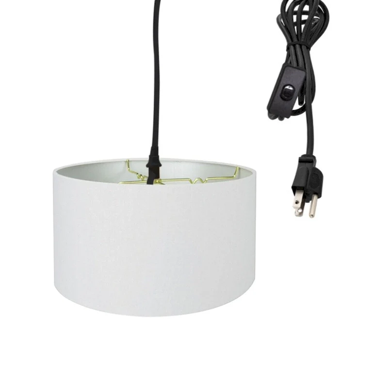 1 Light Swag Plug-In Pendant 18 w White Linen Shade, 17' Black Cord