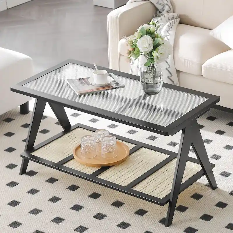 2-Tier Rectangular Coffee Table, Glass Top Sofa Table - 39.4