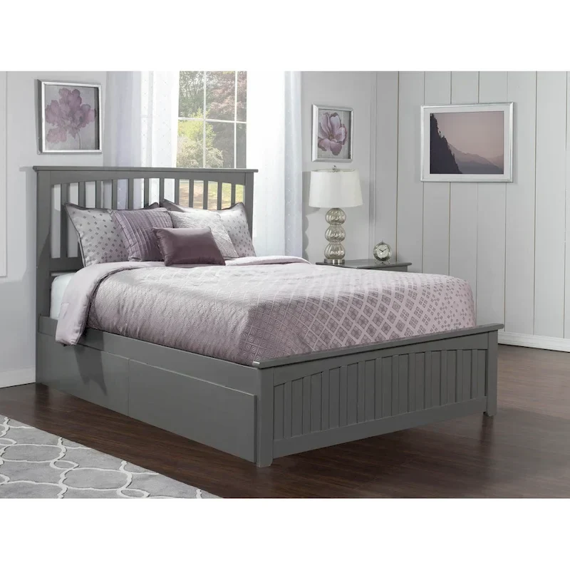 Queen Platform Bed with Footboard and 2 Storage Drawers in Grey