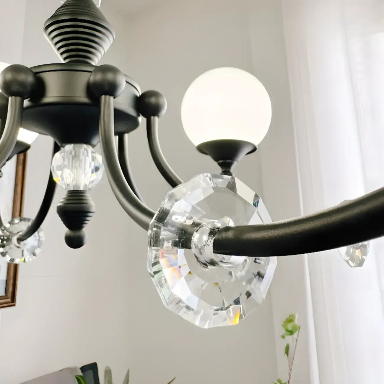 Modern Black 6-Light Glass Globe Chandelier with Crystal Accents
