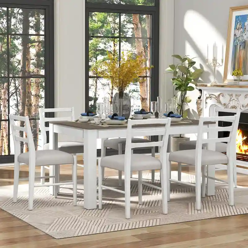 Nestfair 7-Piece Wooden Dining Table Set with 6 Chairs and 2 Drawers