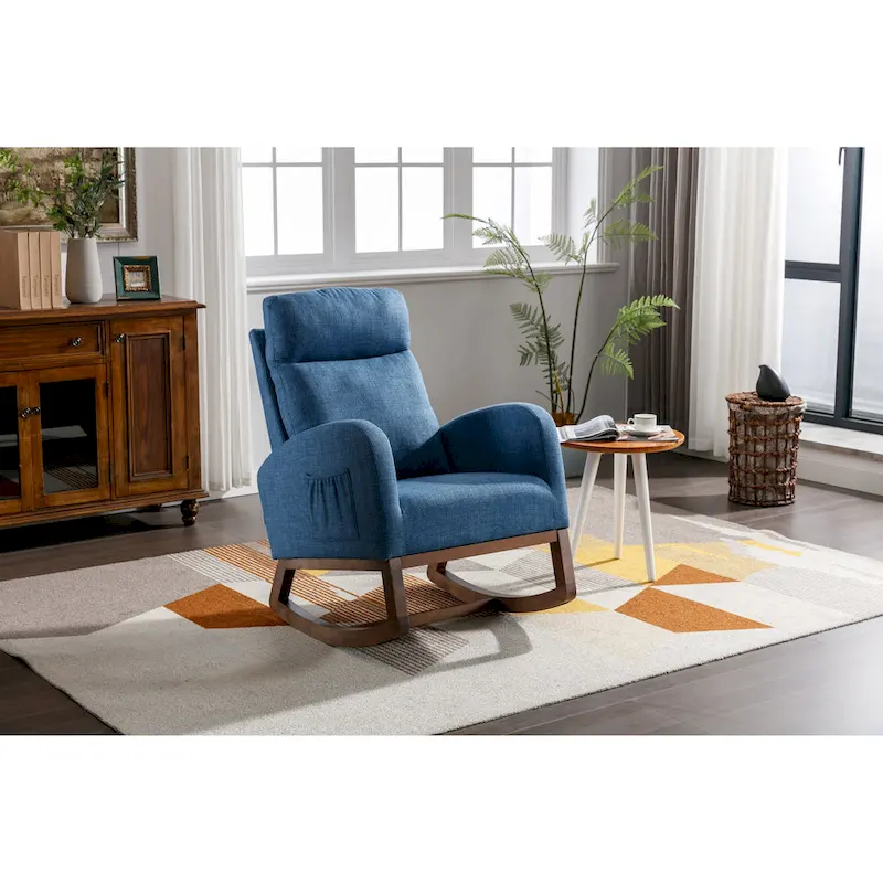 Blue 27 Upholstered Rocking Chair with Wood Legs and Convenient Side Pocket