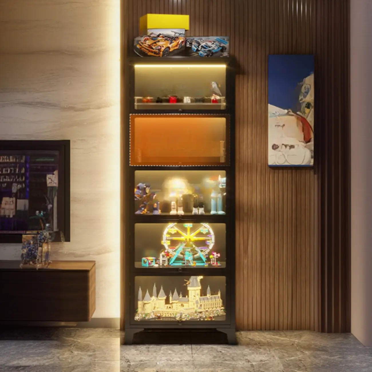 Modern 5 Shelves Glass Display Cabinets with LED Lighting