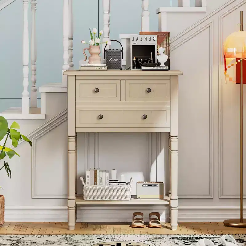Retro Small Console Table with Drawers and Bottom Shelf, Farmhouse Wood Entryway Table with Storage, Wood Slim Side Table for Entryway