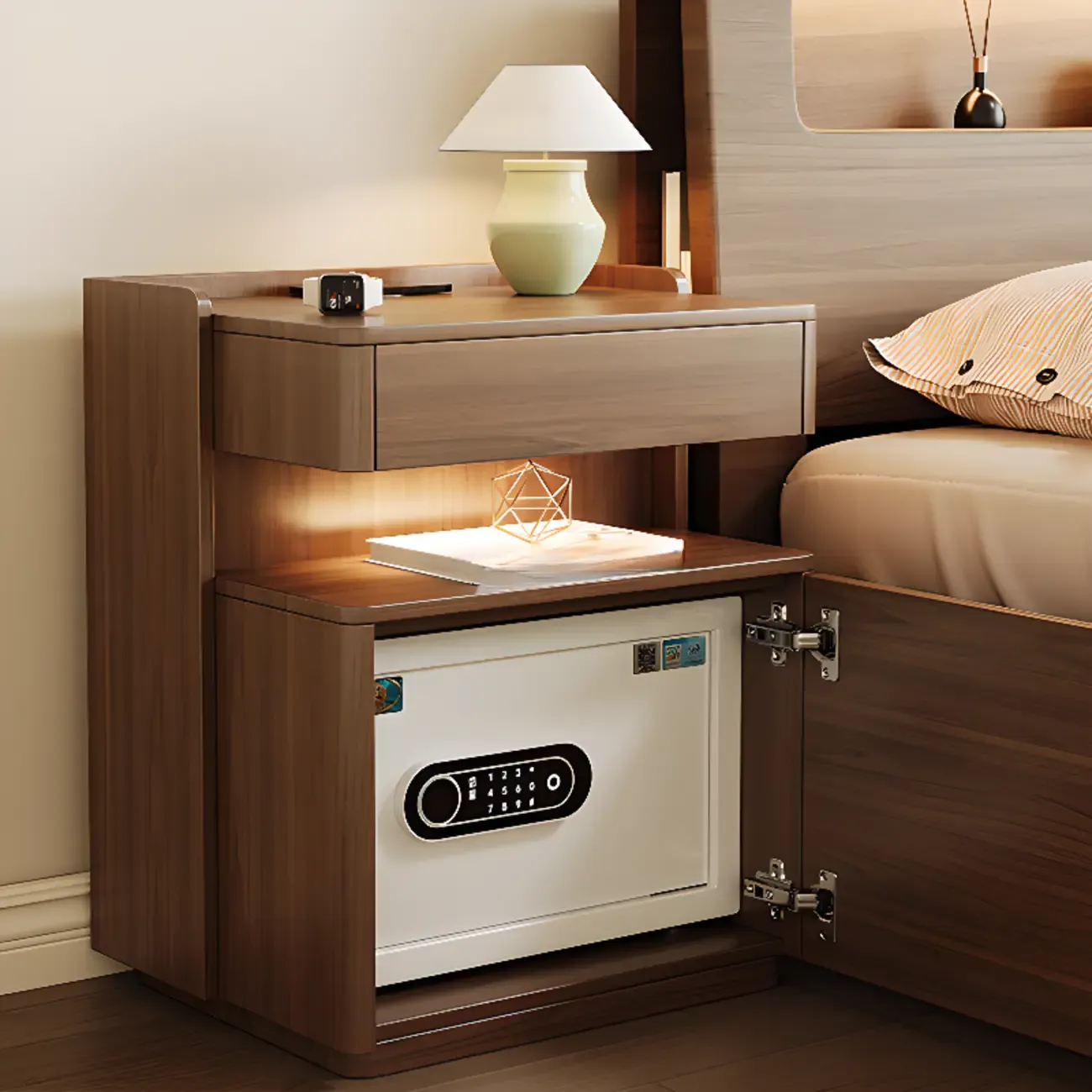 Multi-functional Nut-Brown Wood Lighting Smart Nightstand