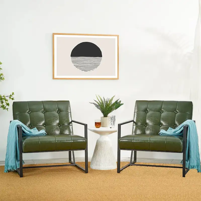 Glitzhome Set of 2 29.25W Mid-Century PU Leather Tufted Accent Chairs