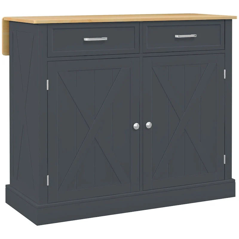 Grey Farmhouse Rolling Kitchen Island Cart with Drop Leaf, 2 Drawers and Cabinet – Single Unit