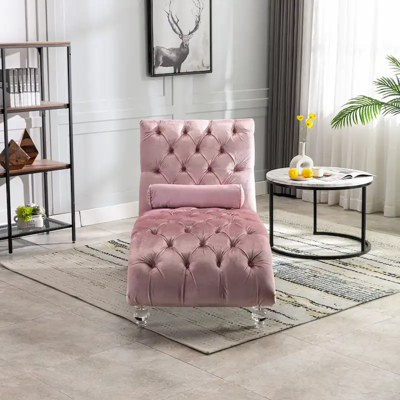 Button-Tufted Upholstered Velvet Recliner Chaise with Pillow and Acrylic Feet