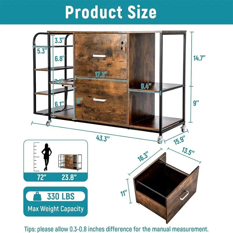 2 Drawer Mobile Filing Cabinet with Outlet - 15.75D x 43.31W x 29.53H