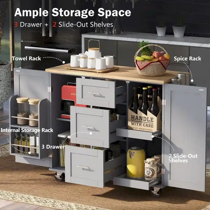 50 in. W Kitchen Island Rubberwood Top on 5 Wheels with 3 Drawers and 2 Slide-Out Shelf