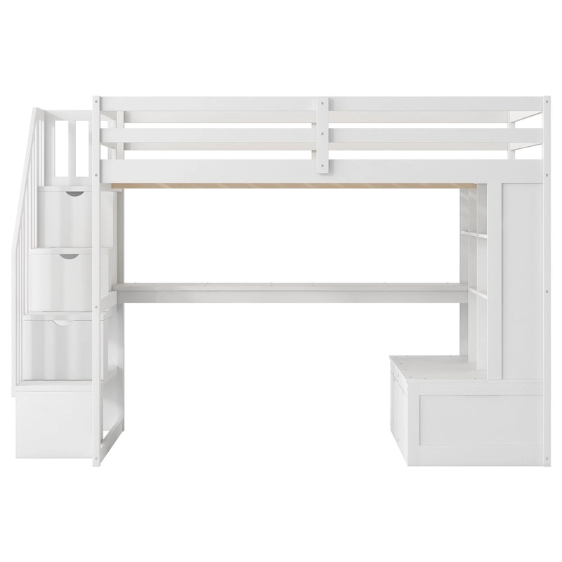White Full Solid Wood Loft Bed with Desk & Drawers