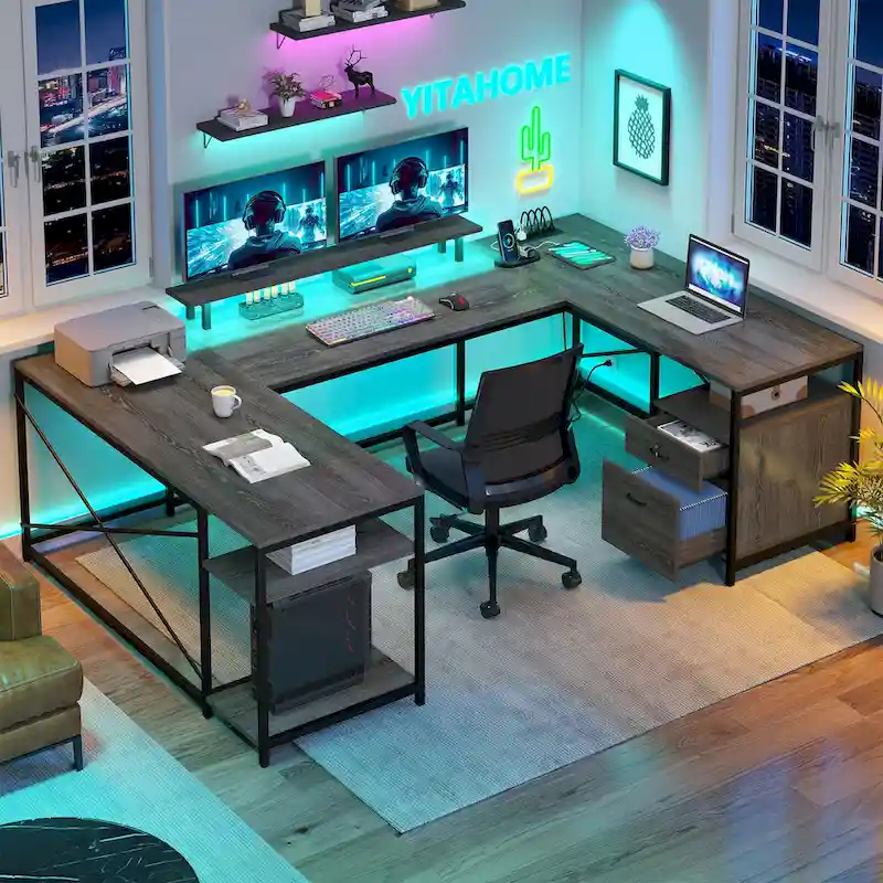 U-Shaped L-Shaped LED Computer Desk Reversible Corner Home Office Gaming Desk with Power Outlets