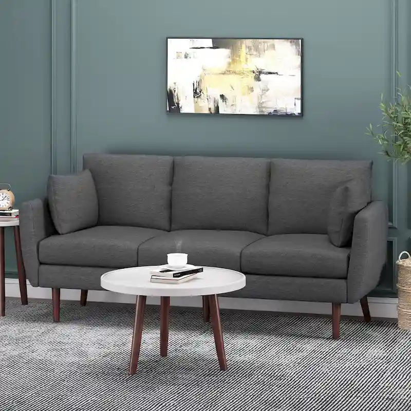 3-Seater Sofa with Pillow-Back Design and Birchwood Legs, Charcoal Fabric