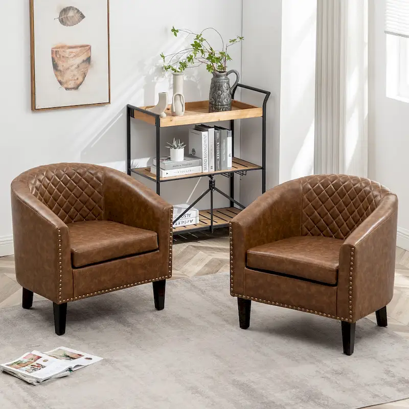 KINWELL 29 PU Faux Leather Club Armchair with Nailheads, Set of 2