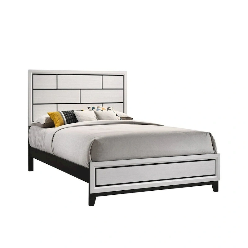 Asir Queen Size Bed, Geometric Panel Headboard, Modern White Wood Finish