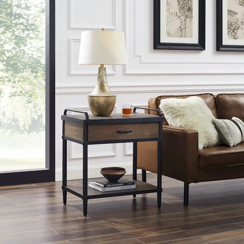 Mid-Century Side Table - Wood & Metal, 1 Drawer + Shelf, Minimalist Design, 35 lbs Capacity