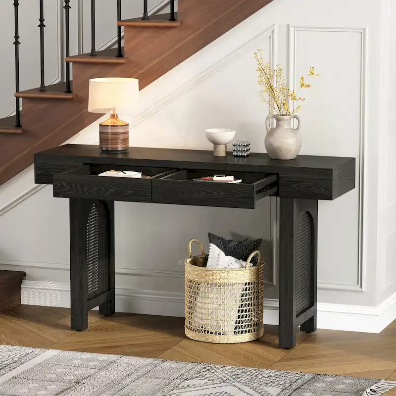 Narrow Console Table with 2 Drawers – Antique Black