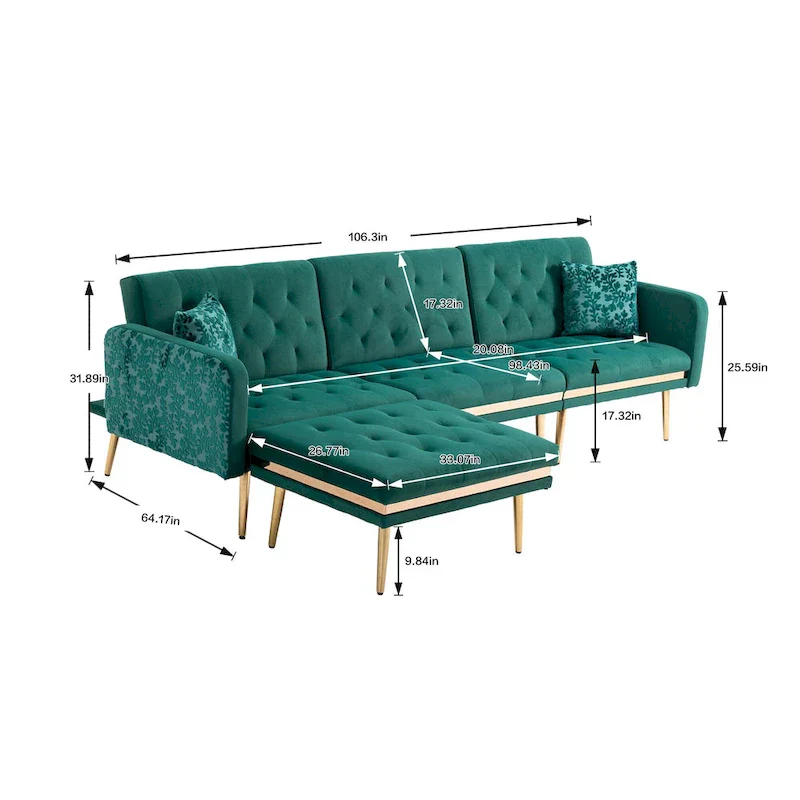 Polyester Upholstered Tufted Sleeper L-Shaped Sectional Sofa With Ottoman