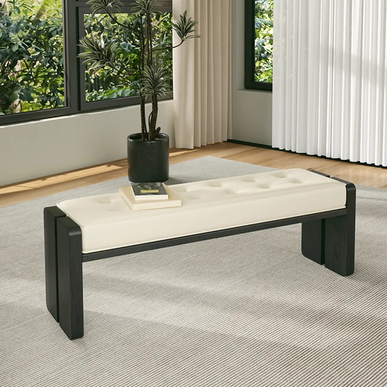 White Faux Leather Wood Upholstered Bedroom Bench