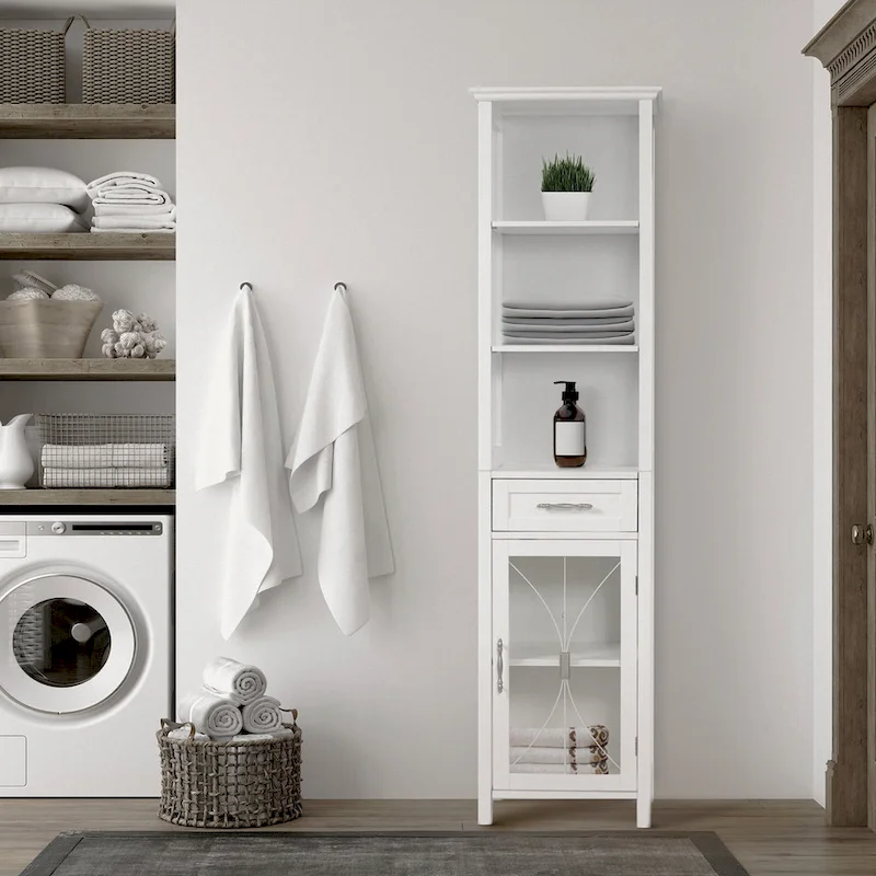 Home Delaney Freestanding Linen Tower with Open Shelves, Drawer, Cabinet - 13.5L x 17W x 65H