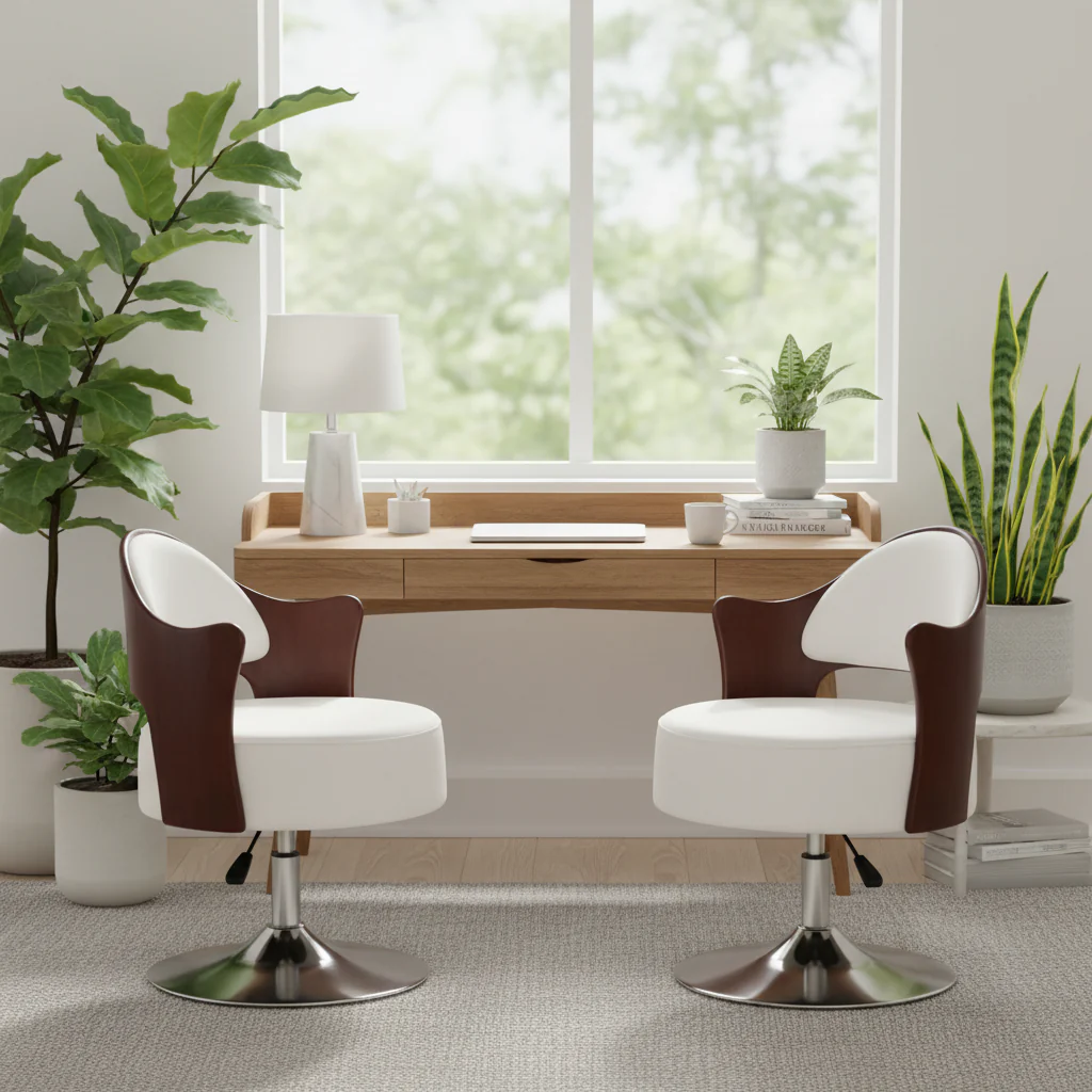 White and Polished Chrome Faux Leather Adjustable Height Swivel Accent Chair (Set of 2)