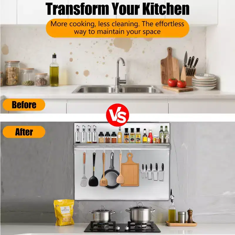 Brushed Stainless Steel Kitchen Range Backsplash with Shelf & Knife Rack – Multiple Sizes