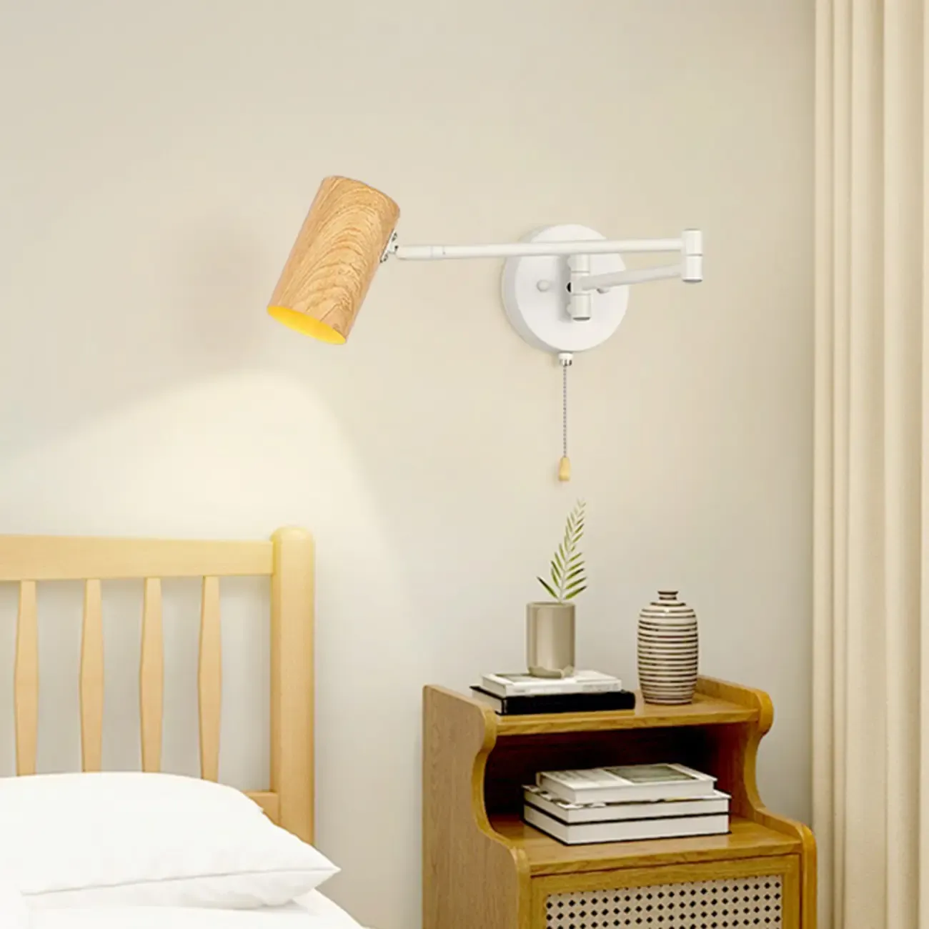 White and Black Metal Swing Arm Wall Light with Cylindrical Shade