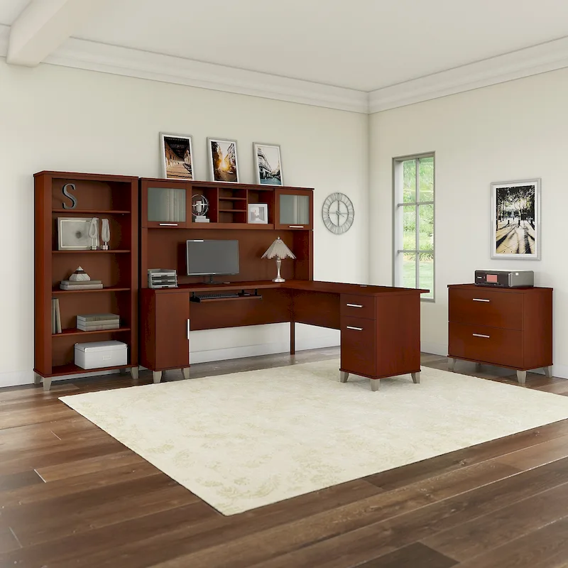 Somerset 72W L Shaped Desk with Hutch, Cabinet and Bookcase in Gray