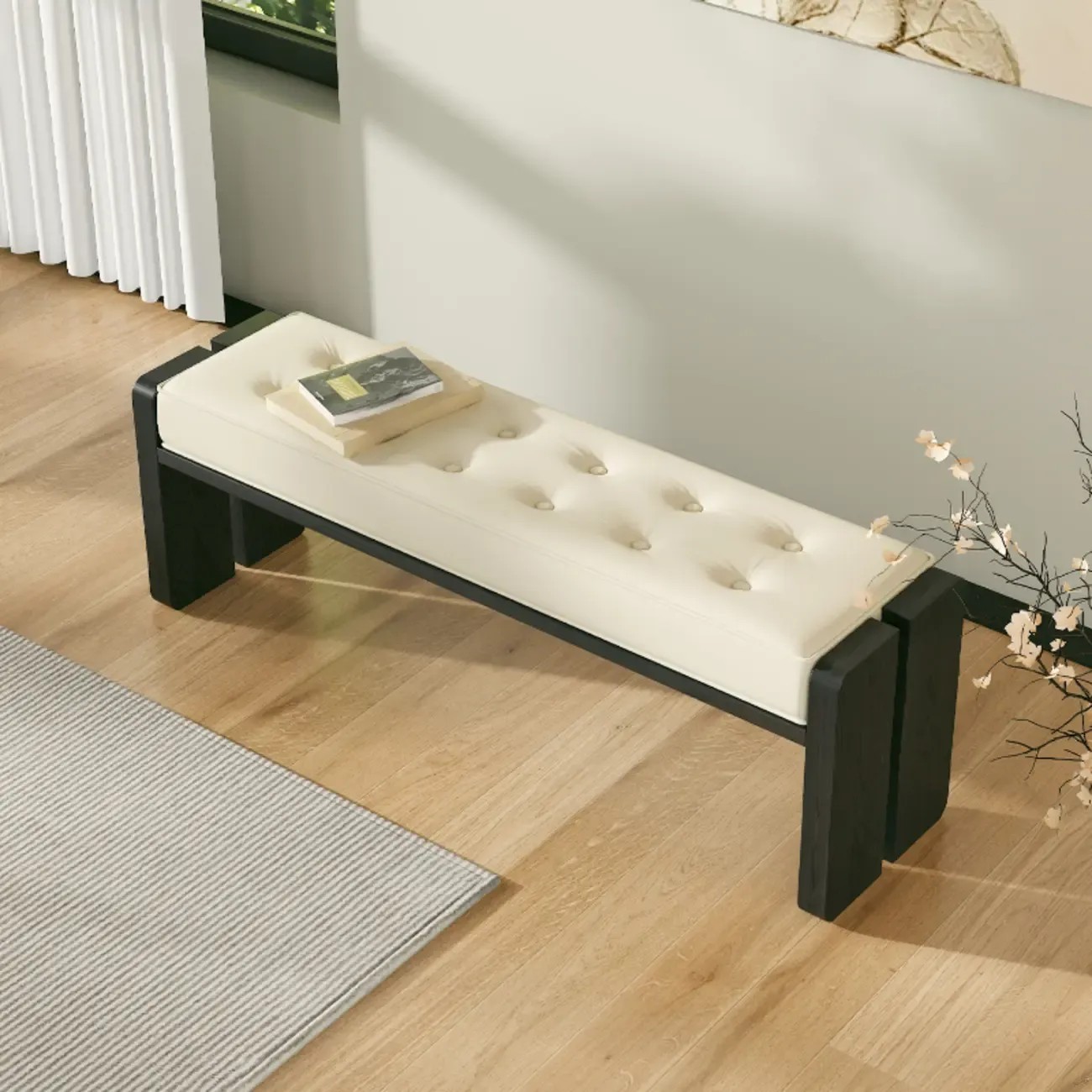 White Faux Leather Wood Upholstered Bedroom Bench