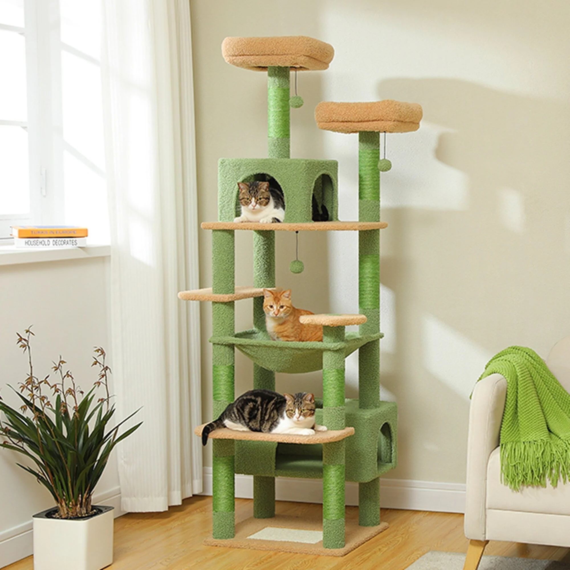 Large Cat Tower Cat Condo with Scratching Posts and Pads, 2 Padded Perch, Dual Condo and Basket