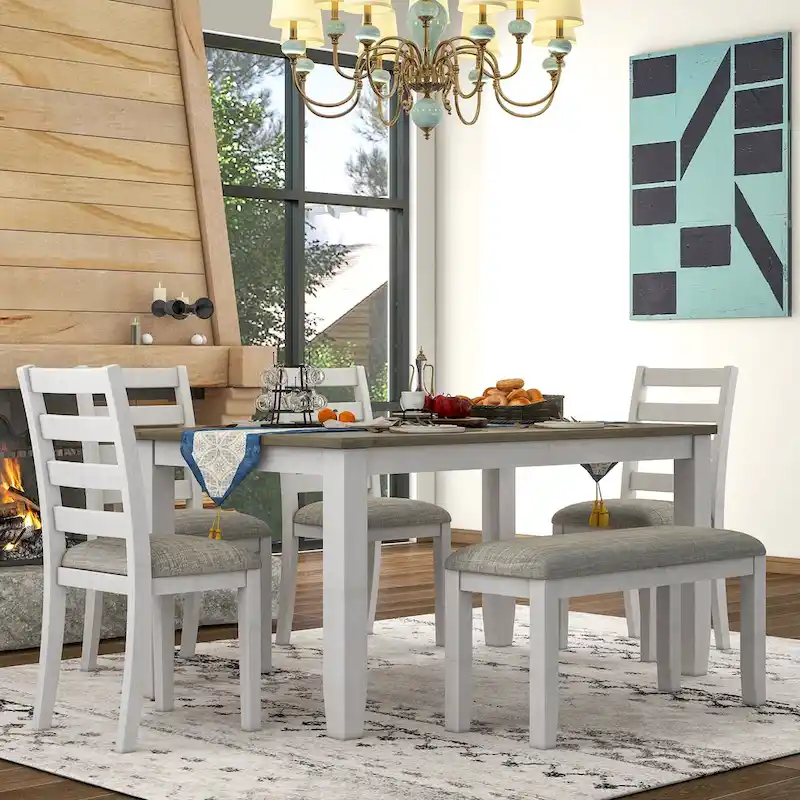 Brown+Whitewash 6-Piece Wooden Dining Table Set with Rectangular Table, 4 Chairs & Bench