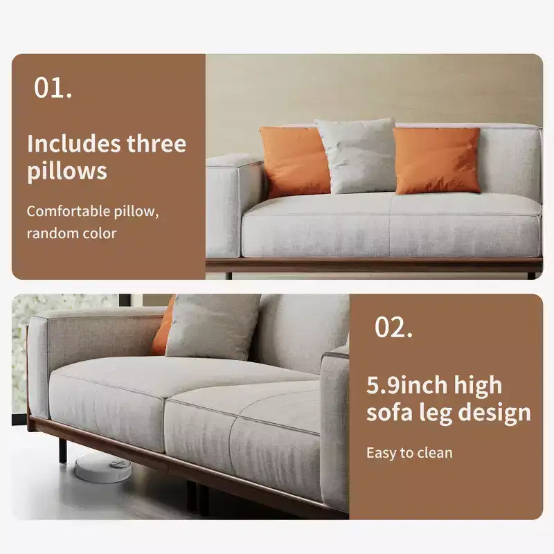 111.81 Extra-Long Solid Wood Mid-Century Light Gray Sofa, 4-Seater Cotton-Linen Couch with Walnut Accents & Washable Covers Gaoyangjiaju