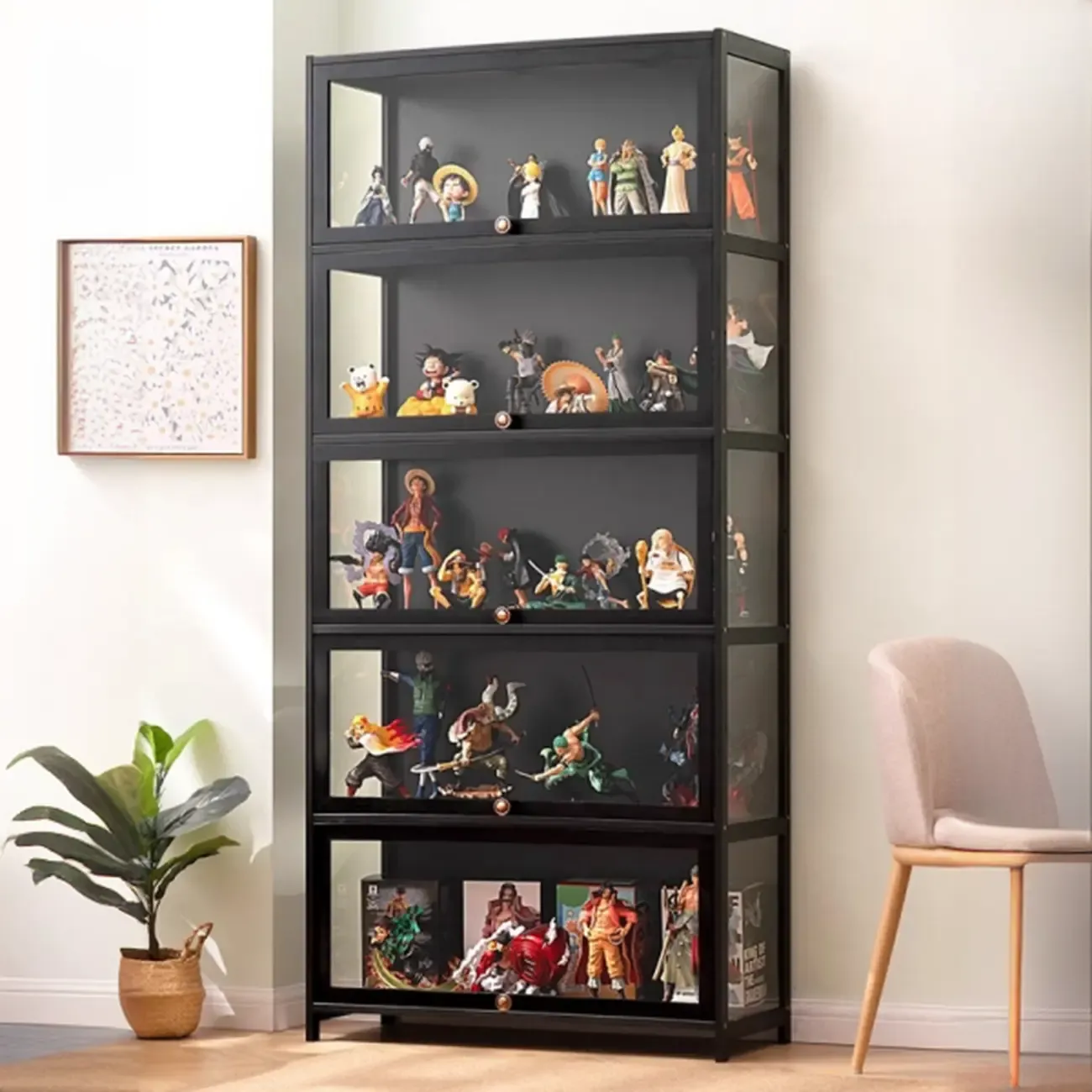 Trendy Rectangular Black Bamboo Floor Curio Cabinet