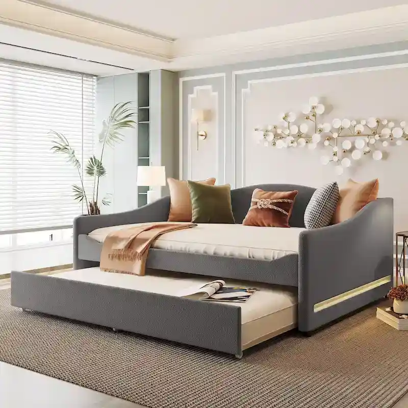 Full Teddy Fleece Daybed with Trundle and LED Lights