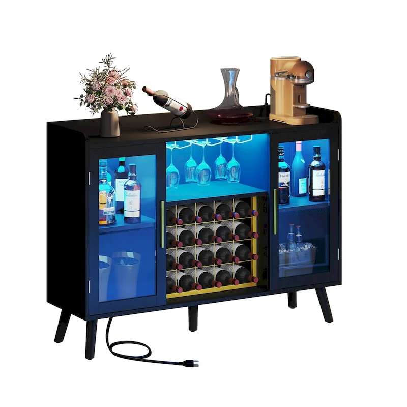 Wine Bar Cabinet with LED Lights & Power Outlets – Black / Gold, Single