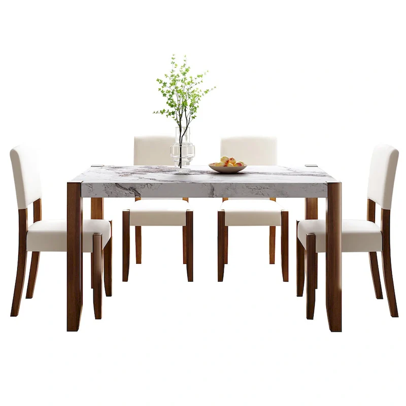 5 Piece Dining Table Set, 4 People Kitchen Dining Room Set with Faux Marble Style Table and 4 Upholstered Chairs