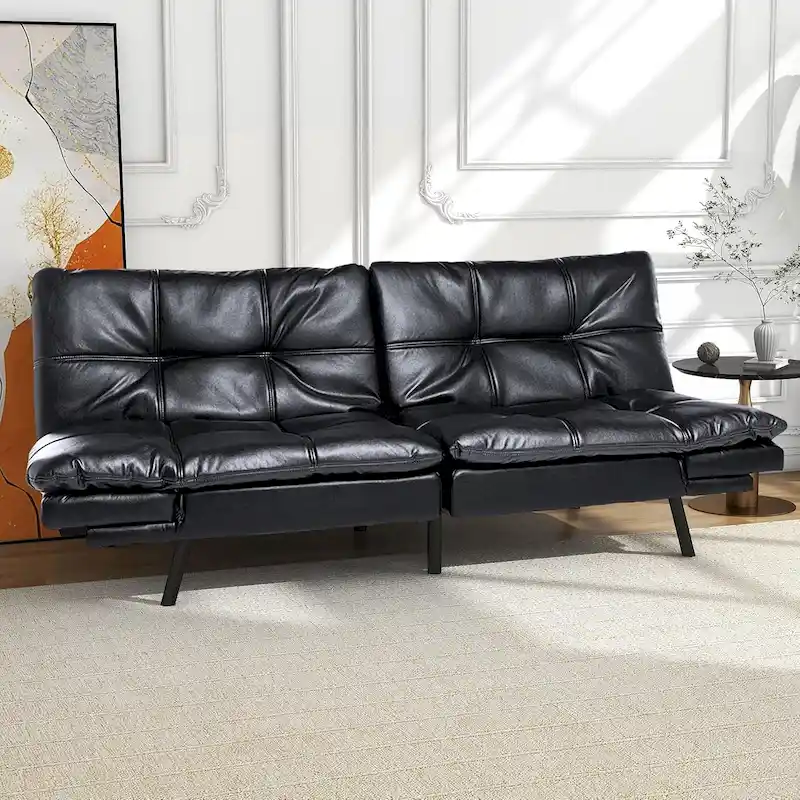 Modern Faux Leather Futon with Memory Foam and Adjustable Armrests.