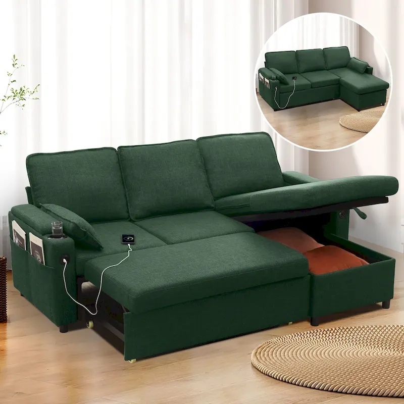 80 L-Shaped Sofa Couch Bed, Sofa Sleeper with Pull Out Bed, Reversible Sleeper Sofa Bed