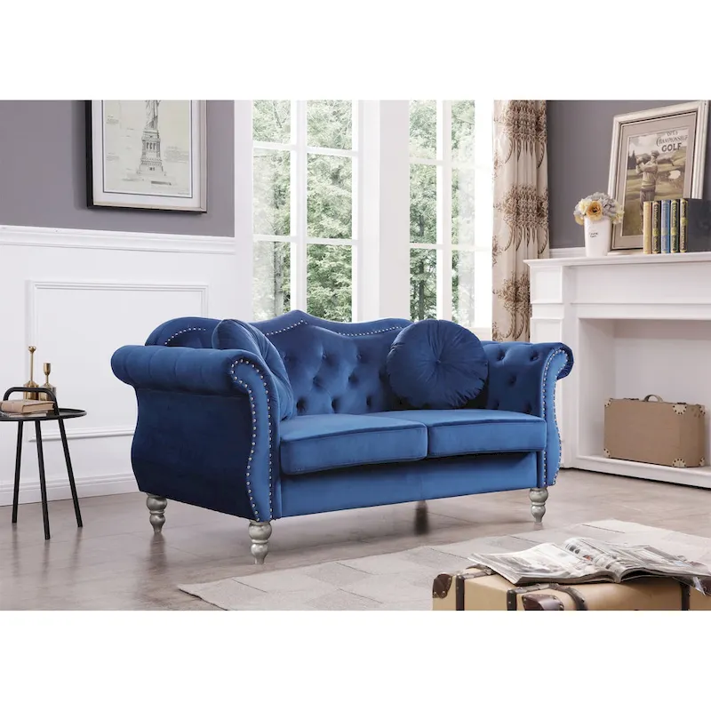 Hollywood 68 in. Velvet Chesterfield Loveseat with 2-Throw Pillow - 68L x 35W x 34H