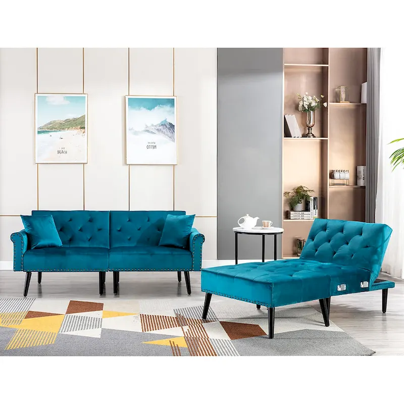 Convertible Velvet Sofa Couch, Sectional Sofa with Ottoman, Mid-Century Futon Sofa Bed - 32D x 100.7W x 29.9H
