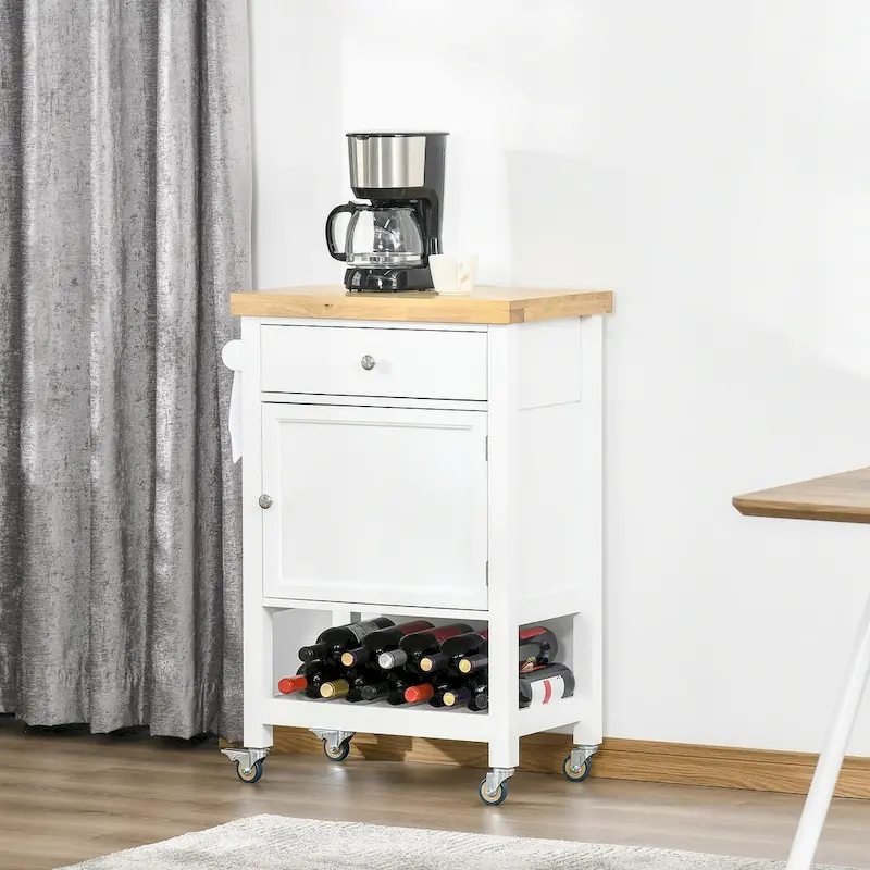 HOMCOM Utility Kitchen Cart, Rolling Kitchen Island with Smooth Rubberwood Top, Narrow Butcher Block Surface on Wheels